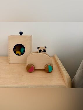 Wooden Panda Pull Toy Car, Drawer & Ball Toy - Natural with Colored Accents